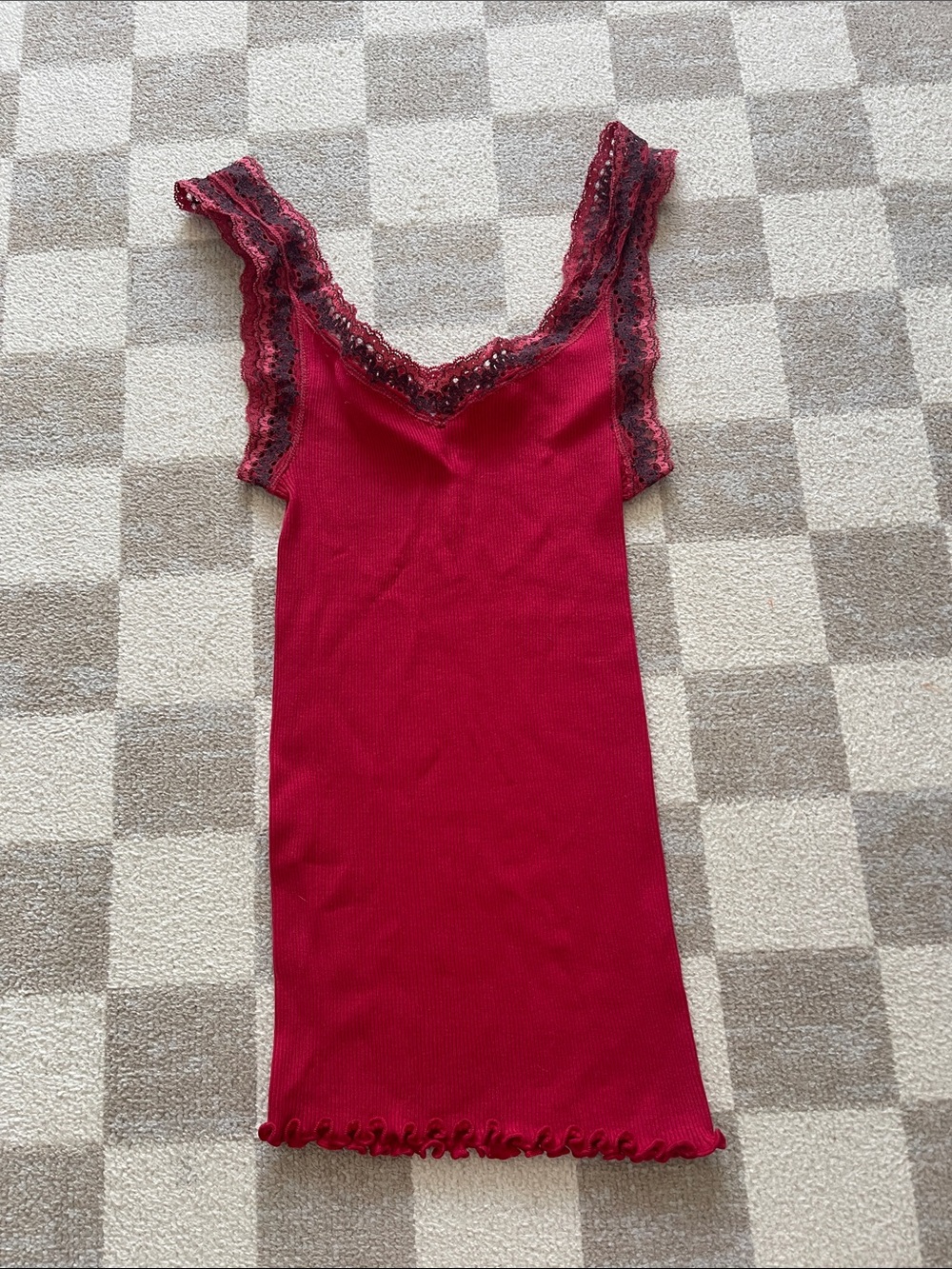 Lace-Trim Ribbed Camisole Tank - Deep Red